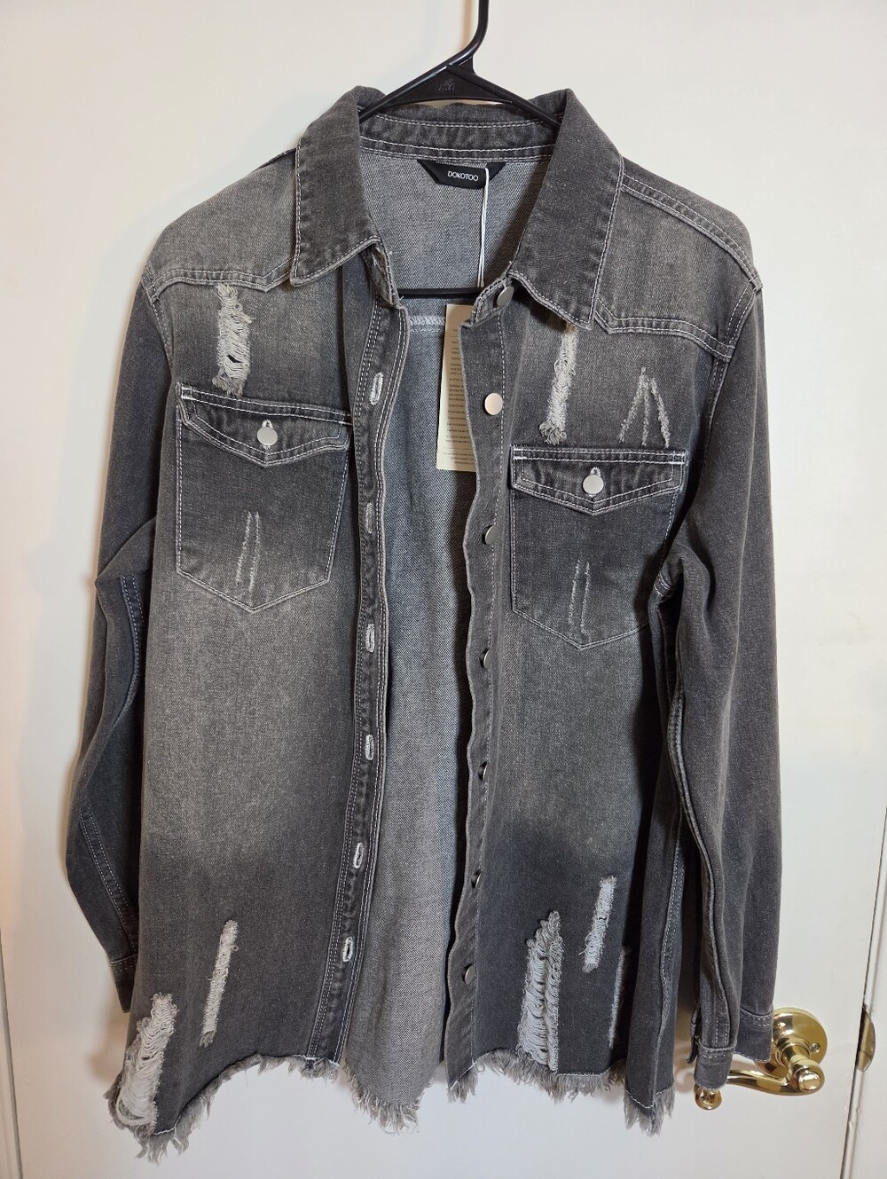 Washed Gray Distressed Denim Utility Jacket - Cococino